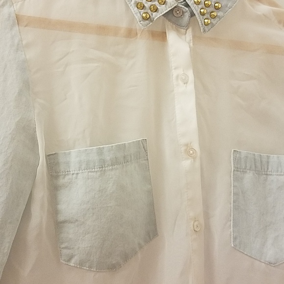 Sheer Button Up White and Denim Shirt with Studs - Picture 3 of 4